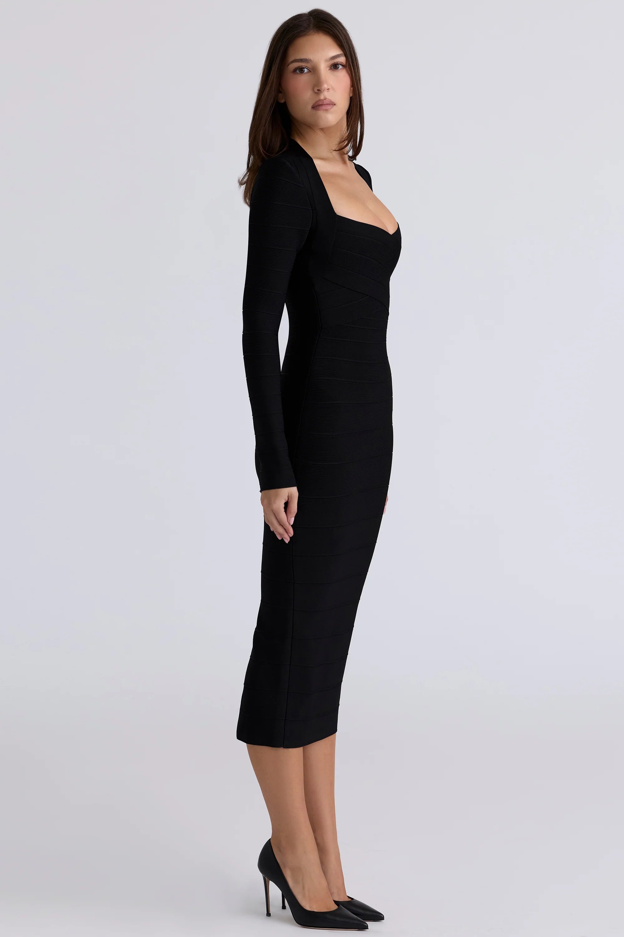 black long sleeve bandage midi dress