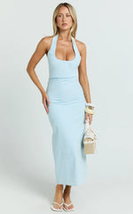 Murray Midi Dress Deep U Halter Neck Dress in Pale Blue
