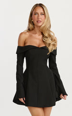 Collette Mini Dress Off Shoulder Long Sleeve Godet Flare Dress in Black