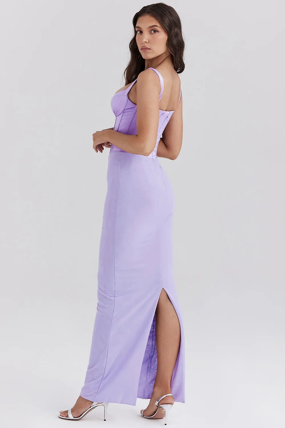 orchid satin corset maxi dress