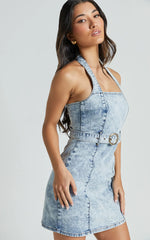 Izolda Mini Dress Halter Neck Belted Bodycon Denim Dress in Light Blue Acid Wash