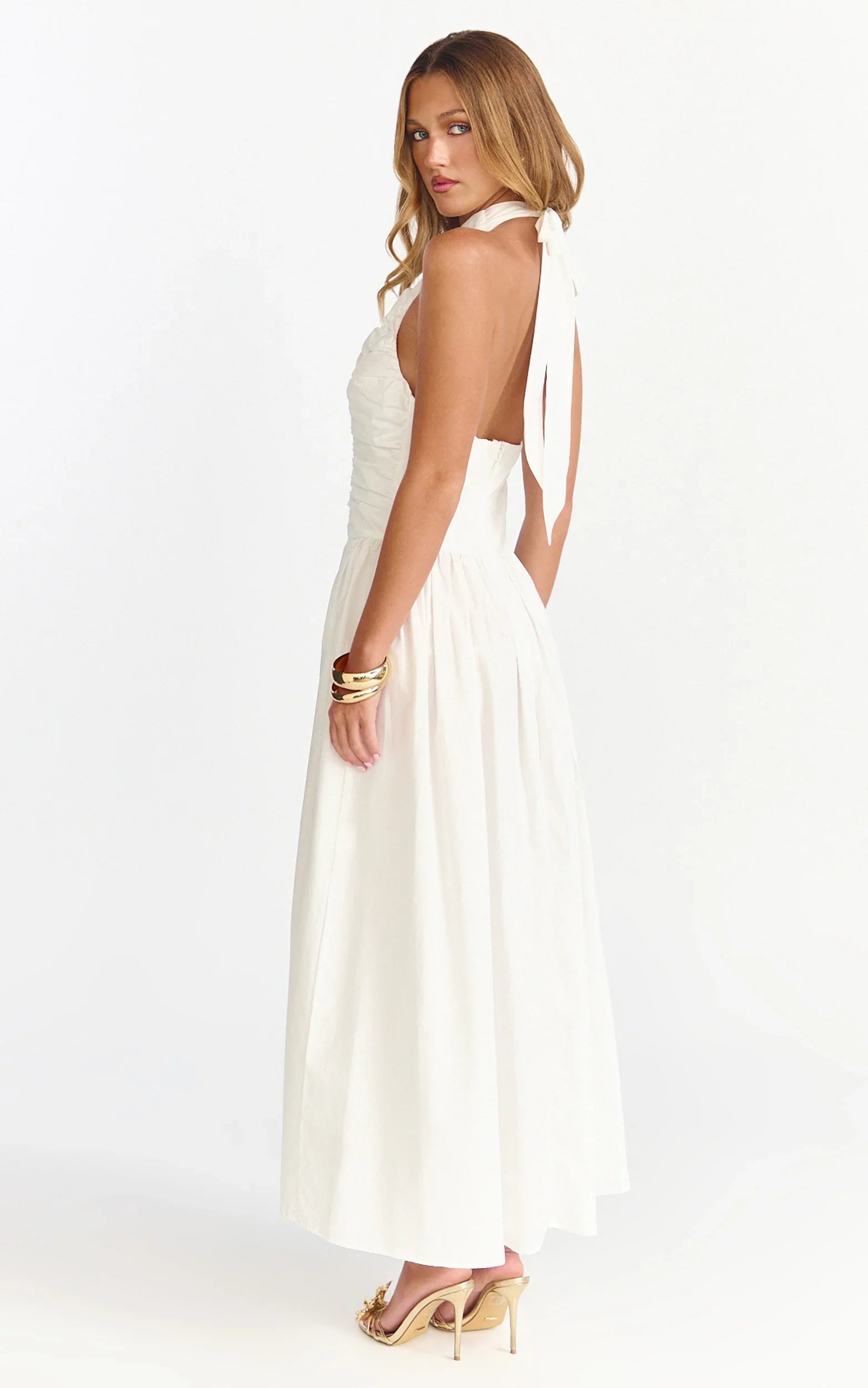 Anya Midi Dress Halter Neck Ruched Drop Waist Dress in White