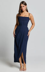 Andrina Midi Dress High Low Wrap Corset Dress in Navy