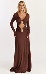 Sahara Maxi Dress Long Sleeve Cut Out Gold Trim Dress in Chocolate