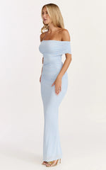 Caterina Maxi Ruched Off Shoulder Mesh Dress in Pale Blue