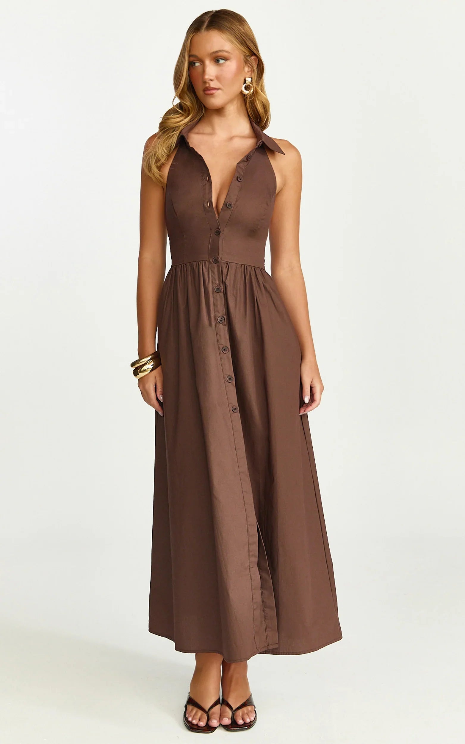 Ruby Midi Dress Collared Button Down Gathered Waist Skirt Fit And Flare Dress in Dark Chocolate