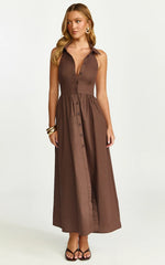Ruby Midi Dress Collared Button Down Gathered Waist Skirt Fit And Flare Dress in Dark Chocolate