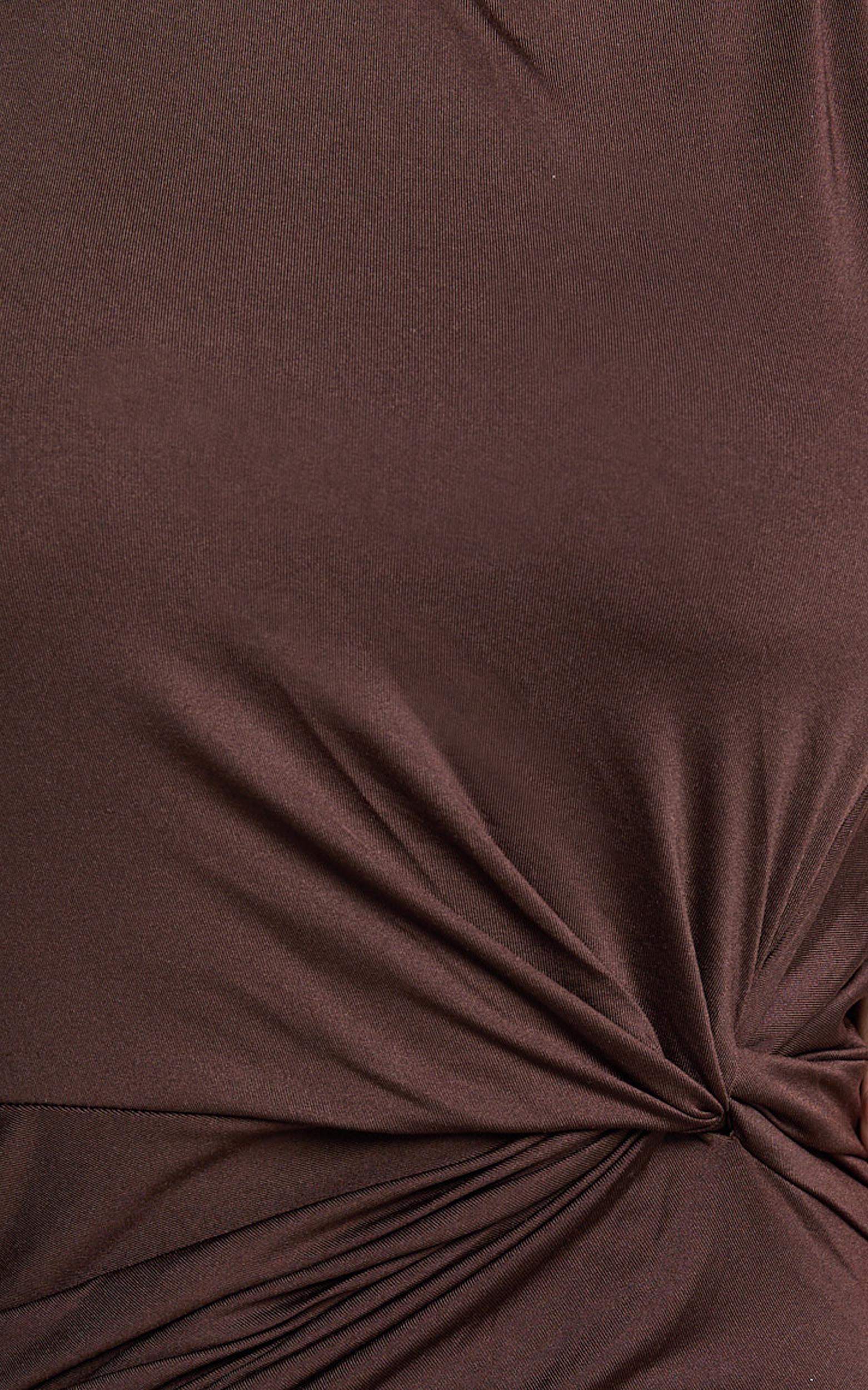 Olenna Midi Dress Halter Neck Twist Detail Tie Back Dress in Chocolate