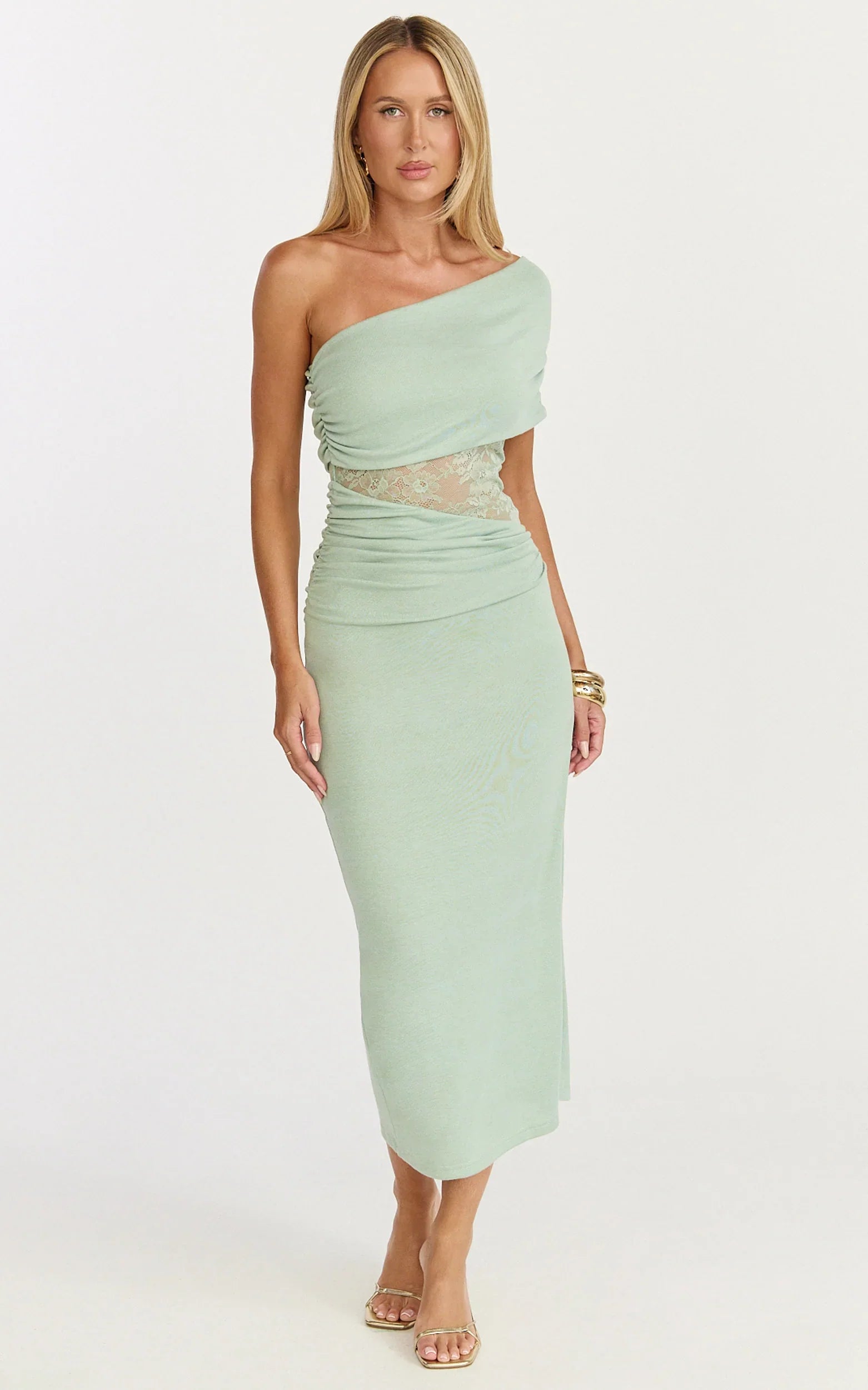Juliet Midi Dress One Shoulder Lace Contrast Bodycon Dress in Sage