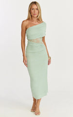 Juliet Midi Dress One Shoulder Lace Contrast Bodycon Dress in Sage