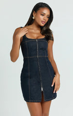 Chrysoula Mini Dress Square Neck Zip Front Sleeveless Bodycon Denim in Raw Denim with Tobacco Stitch