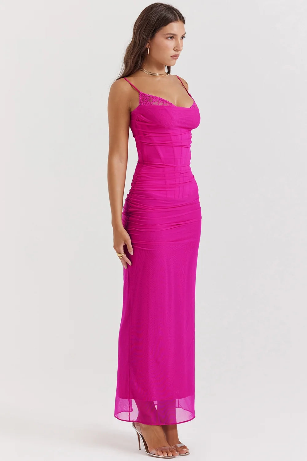 fuchsia stretch mesh maxi dress