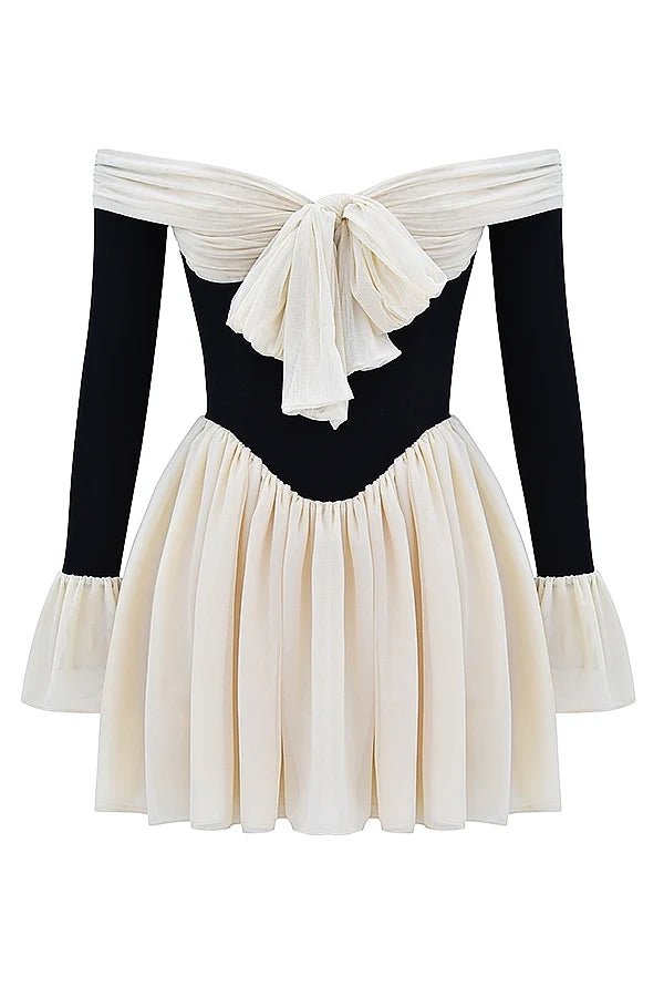 black cream off shoulder dress