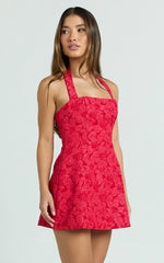 Gabbie Mini Dress Jacquard Halter Fit And Flare Dress in Red