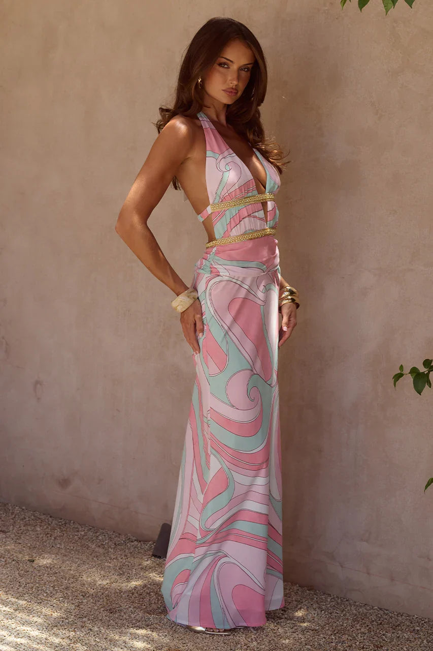 XYLIA HALTER LOW PLUNGE MAXI DRESS CAMINO PINK