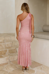Embossed Bloom One Shoulder Maxi Dress Pink
