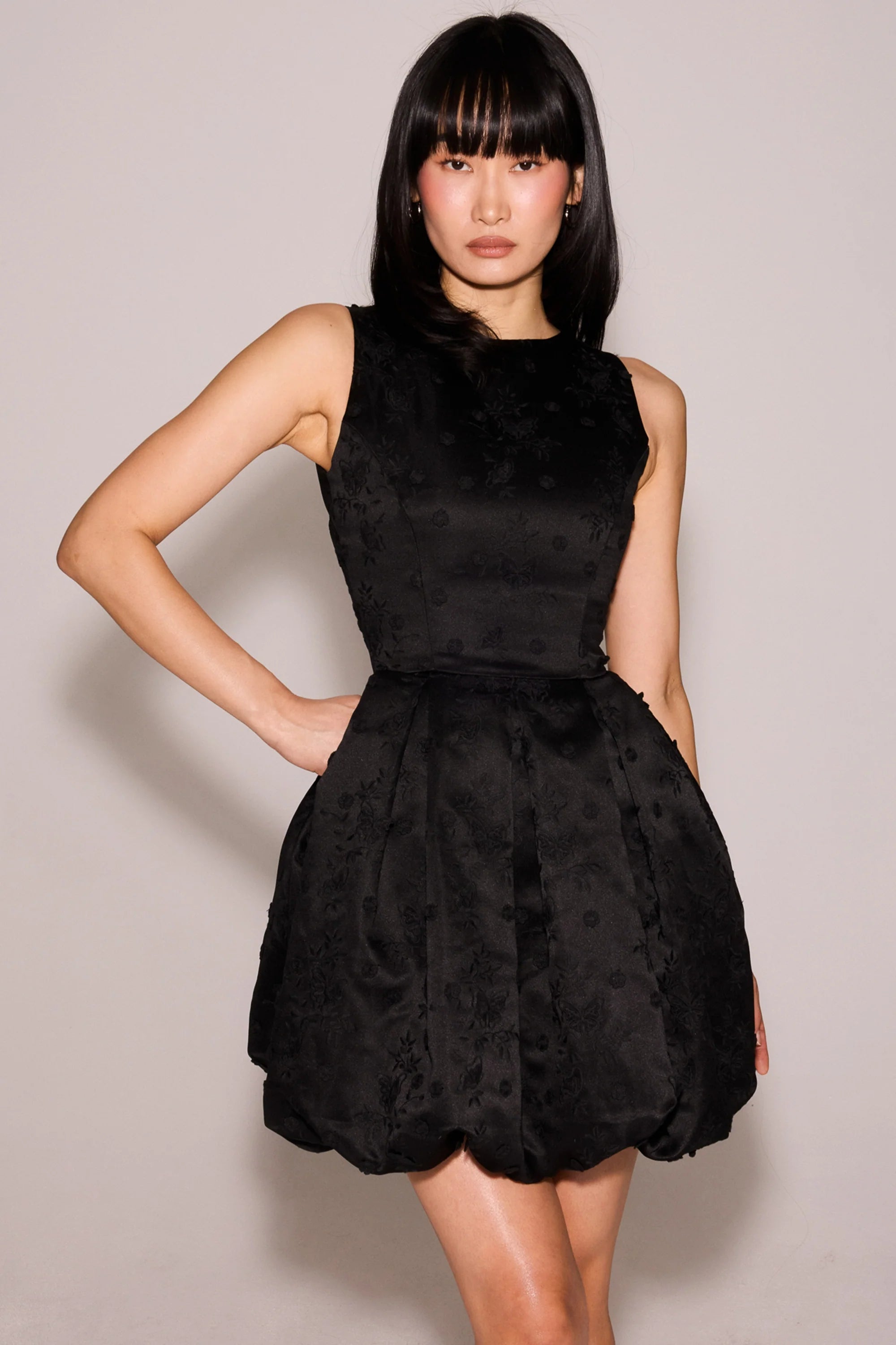 black backless embroidered mini puffball dress