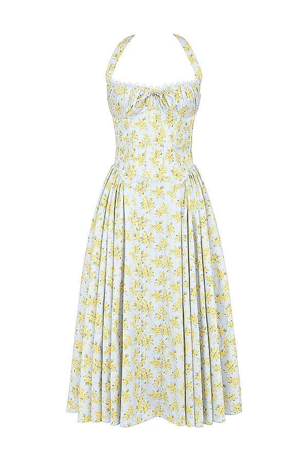 soft blue vintage floral print cotton halter sundress