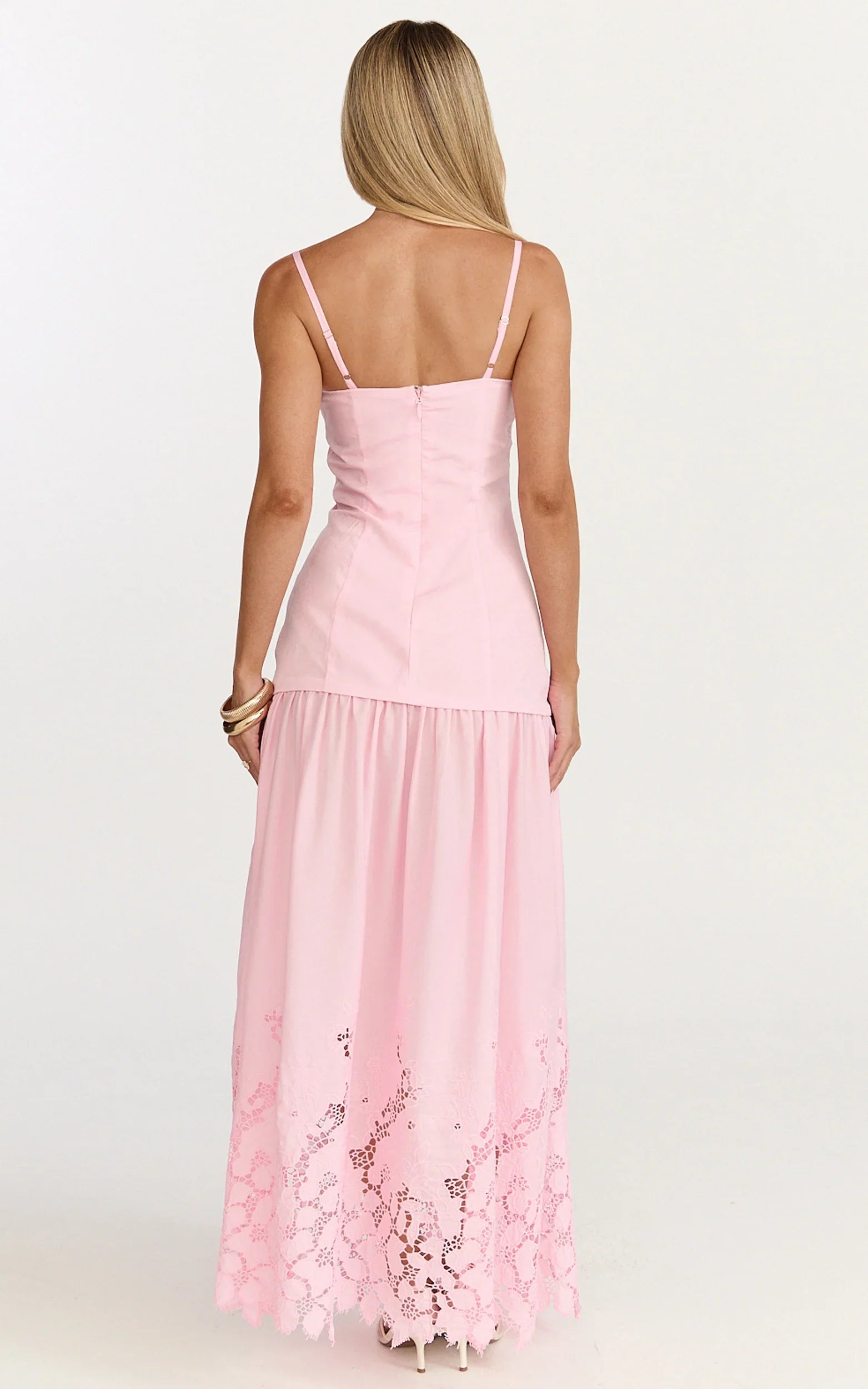 Everly Maxi Dress Straight Neck Broderie Cut Out Hem Dress in Pink