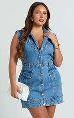 Jasse Mini Dress Hardware Button Through Denim Dress in Mid Blue Wash