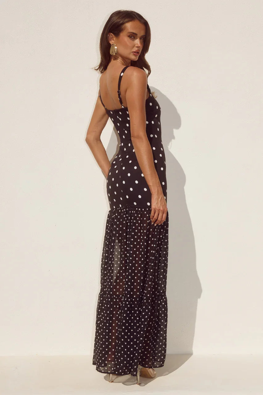 TILLIE SHEER BOTTOM MAXI DRESS BLACK WHITE POLKA