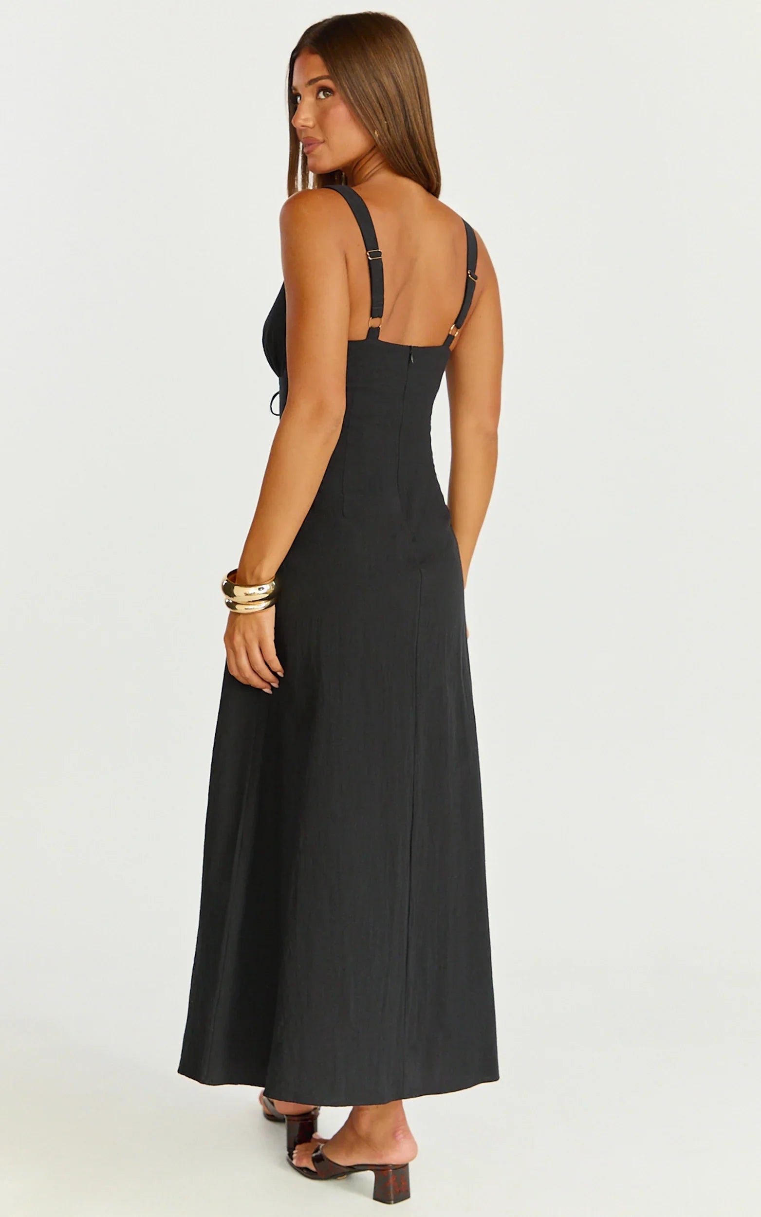 Silvena Midi Dress Plunge Neckline Tie Front A Line Dress in Black
