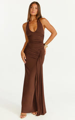 Dixie Maxi Dress Plunge Halter Low Back Dress in Chocolate