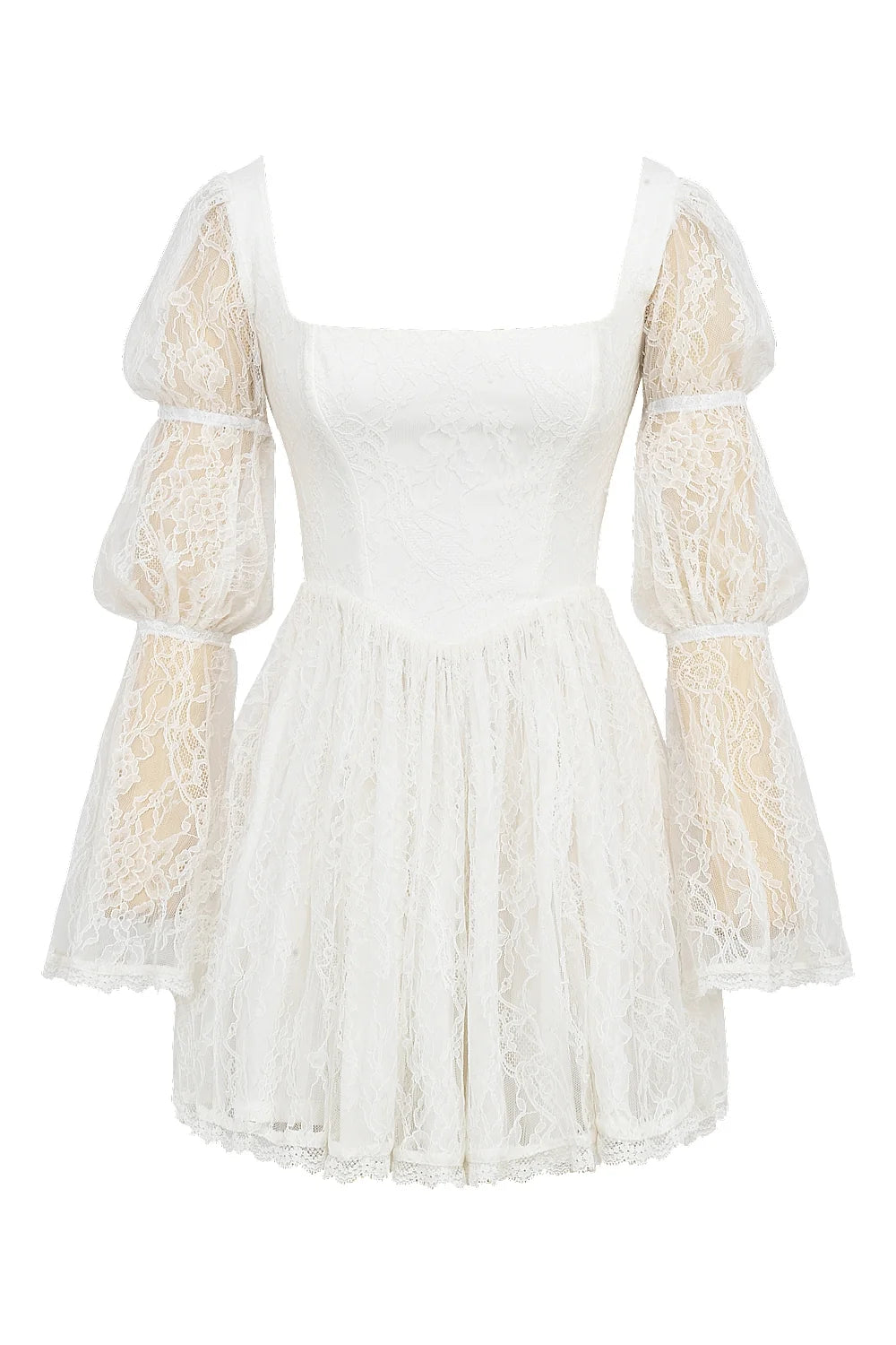white lace puff sleeve mini dress