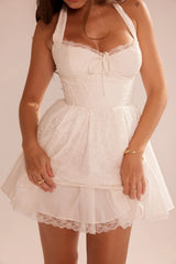 white broderie anglais halter mini dress