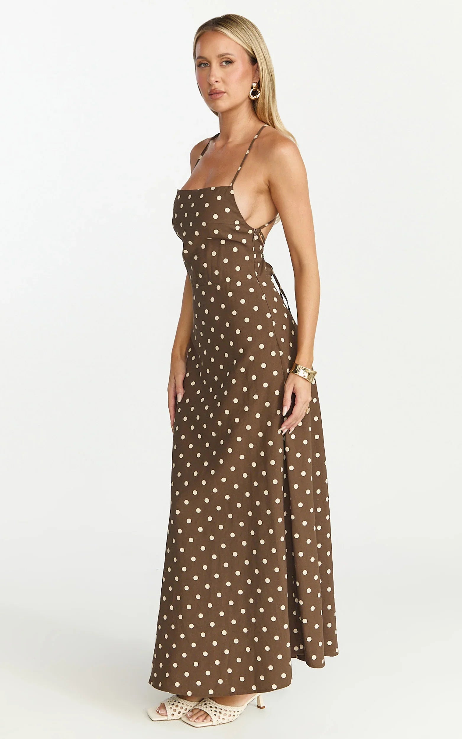 Leighton Maxi Dress Cross Over Spaghetti Straps Square Neck A Line Dress in Choc Cream Polka Dot
