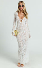 Paula Midi Dress Lace V Neck Long Sleeve Column Dress in White