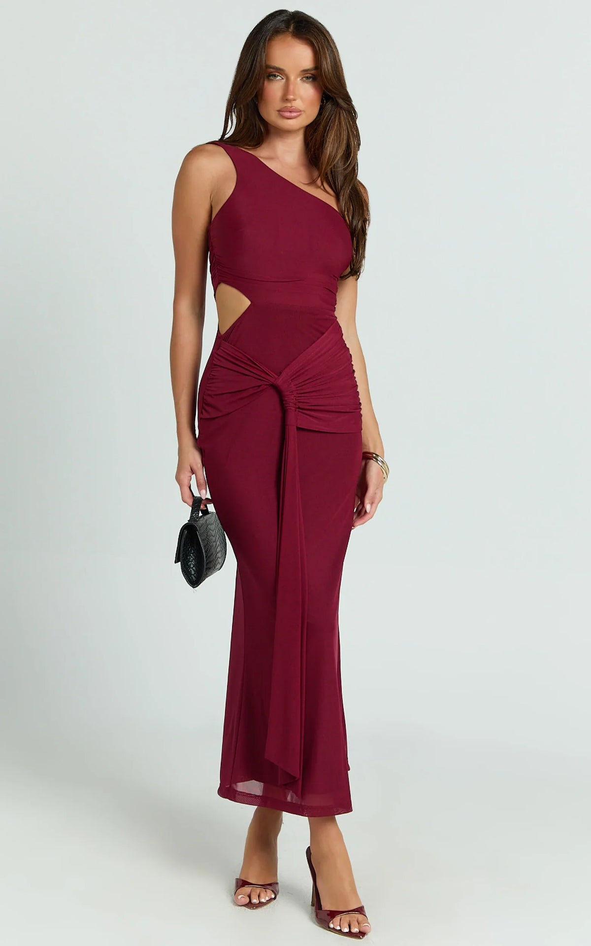 Mandy Midi Dress Knot Detail Cut Out Mesh Dress in Wine