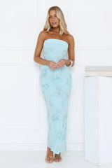 Sparkling Floral Embellished Strapless Maxi Blue