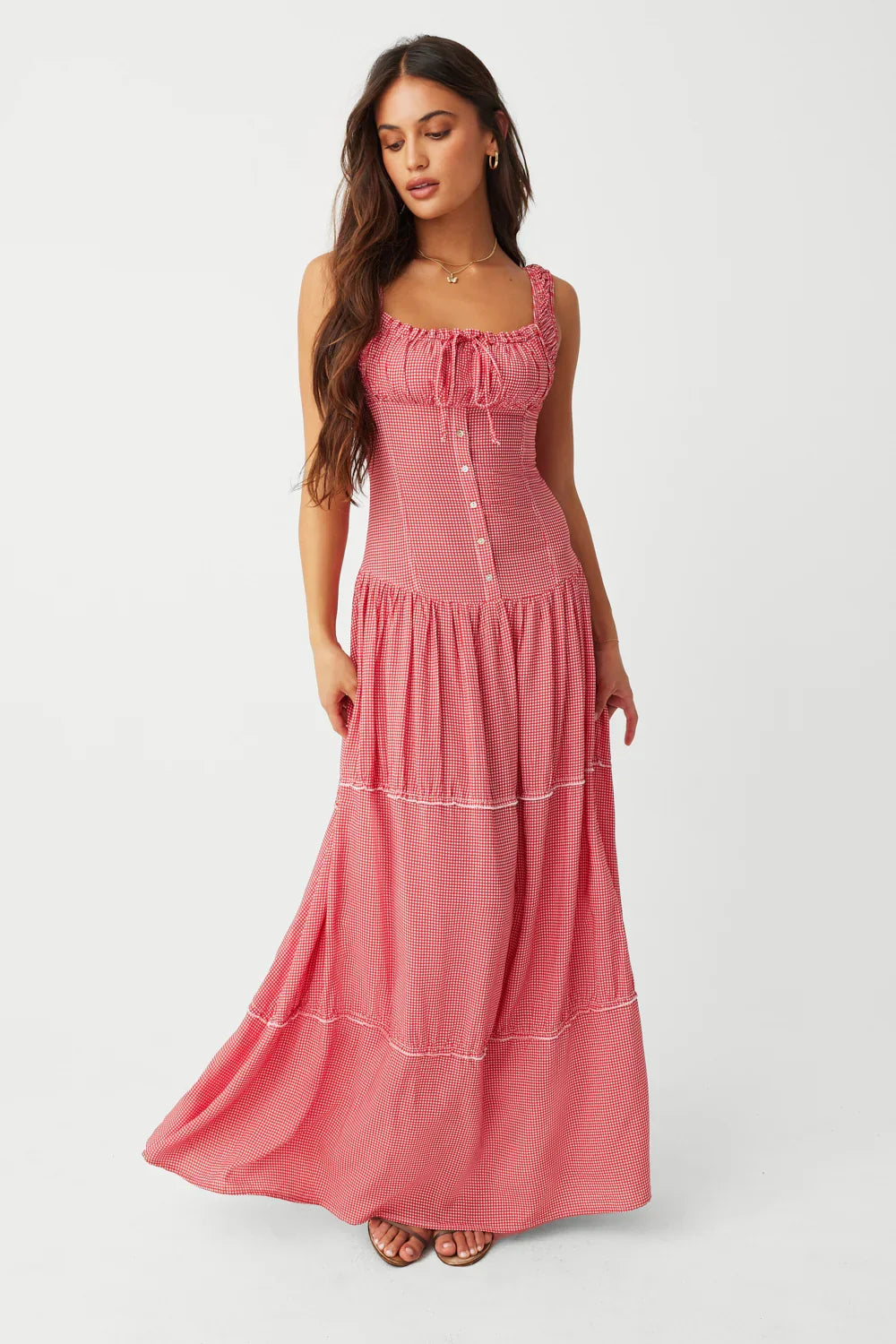 Christabelle Ruffle Maxi Dress Ladybug Gingham