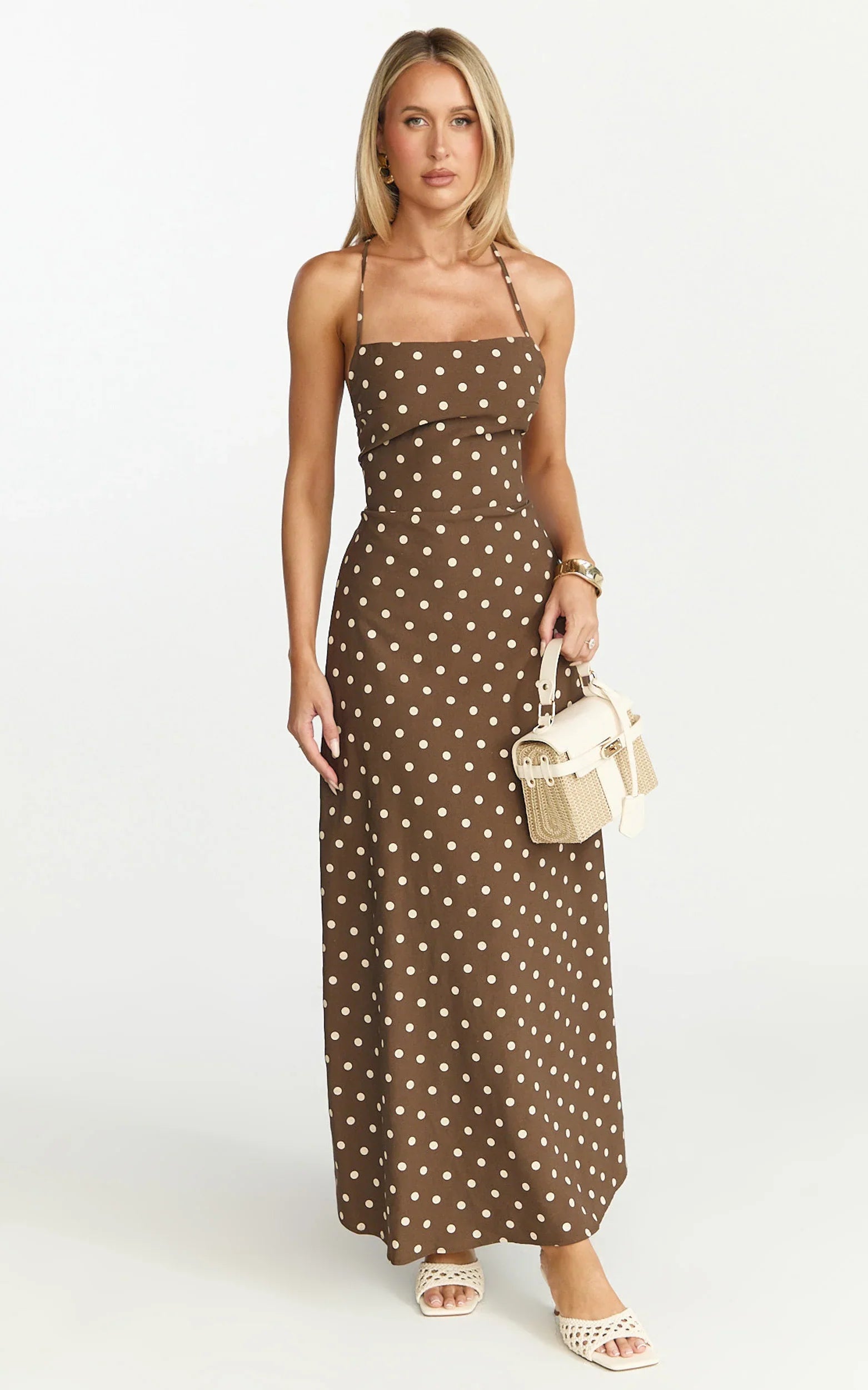 Leighton Maxi Dress Cross Over Spaghetti Straps Square Neck A Line Dress in Choc Cream Polka Dot