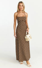 Leighton Maxi Dress Cross Over Spaghetti Straps Square Neck A Line Dress in Choc Cream Polka Dot