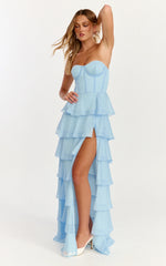 Bella Maxi Dress Strapless Corset Bodice Lace Up Back Tiered Ruffle Dress in Soft Blue