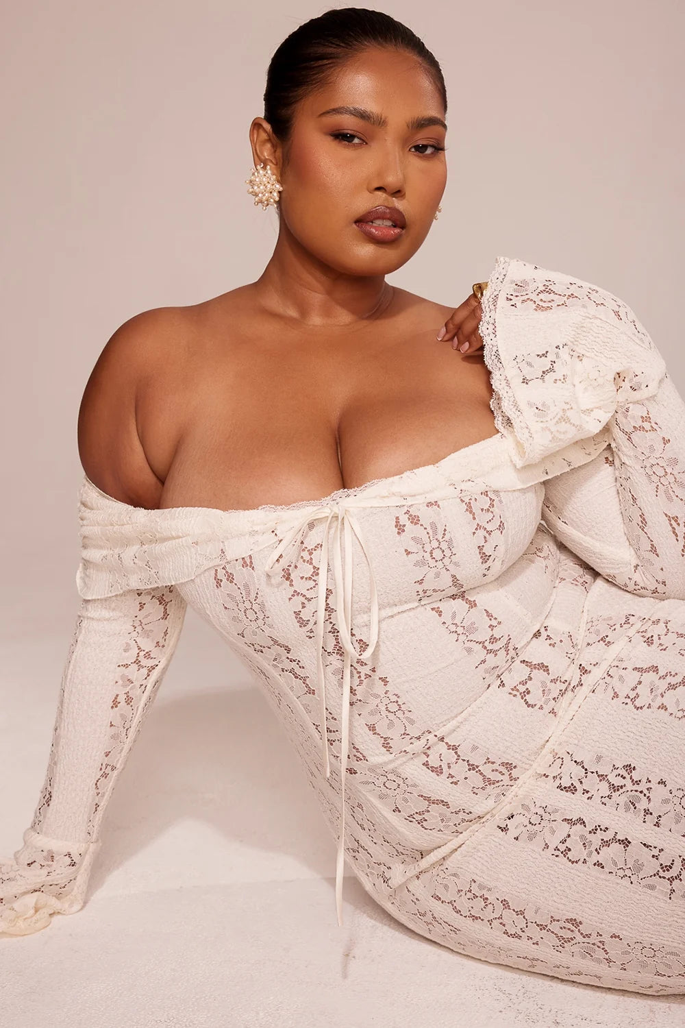 vintage cream floral lace off shoulder maxi dress