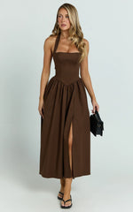 Helda Midi Dress Halter Tie Neck Corset Panel Dress in Chocolate