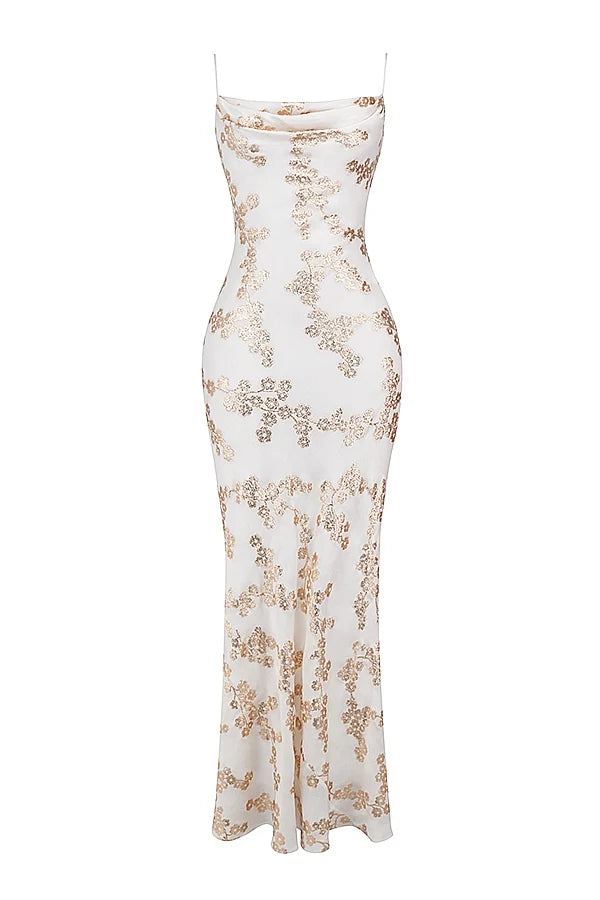 white gold jacquard satin gown