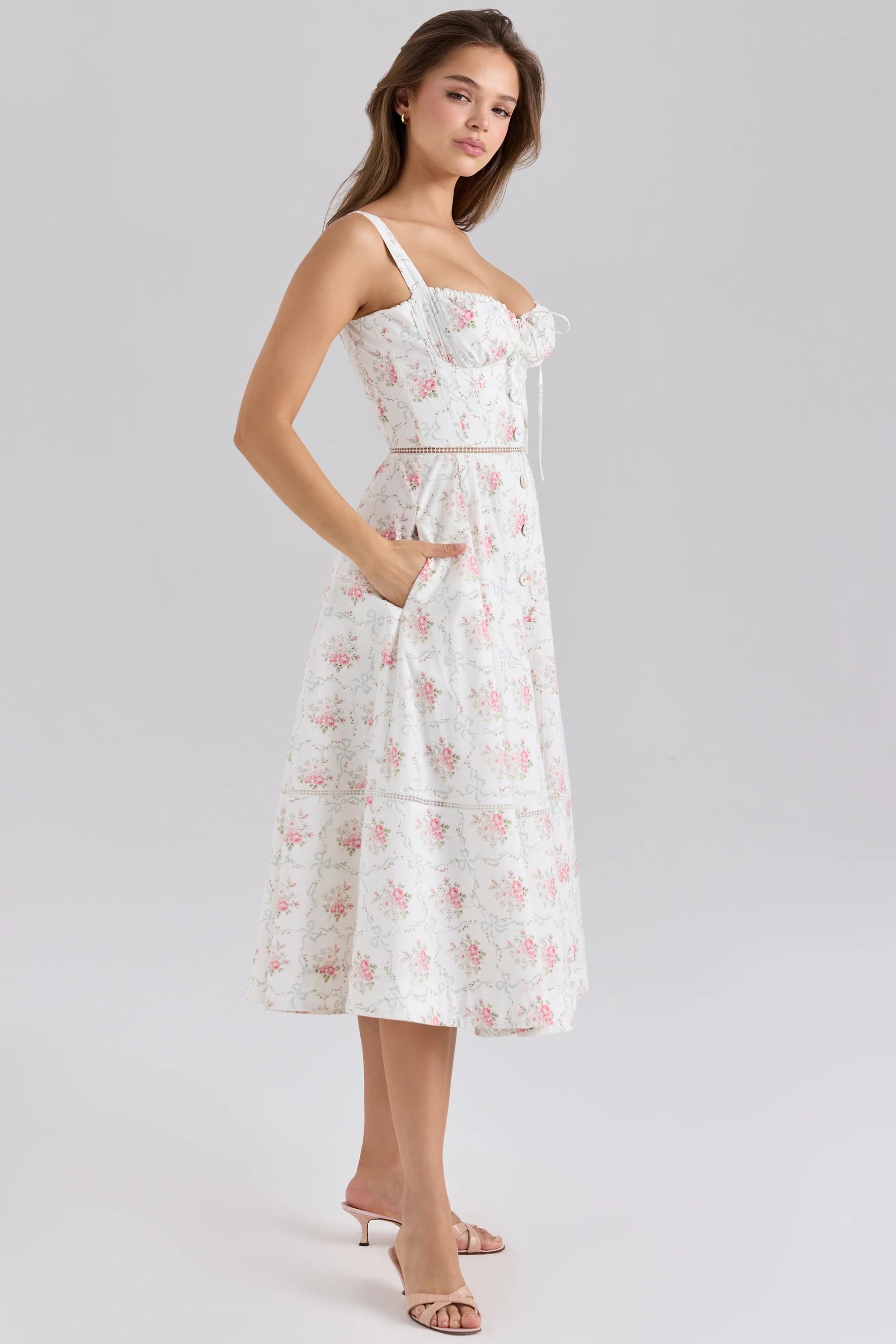rose print cotton button front midi dress