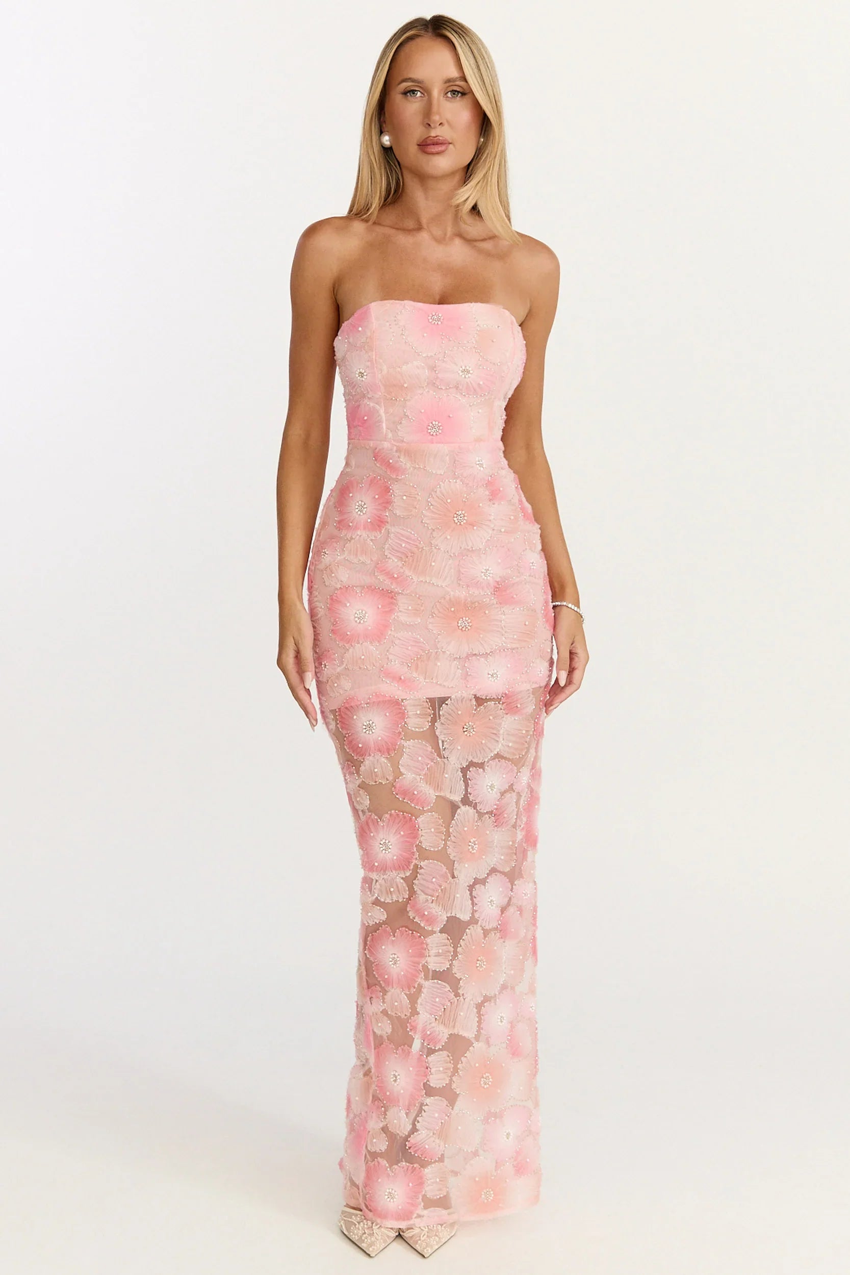 Lima Maxi Dress Strapless Floral Embellished Column Dress in Pink