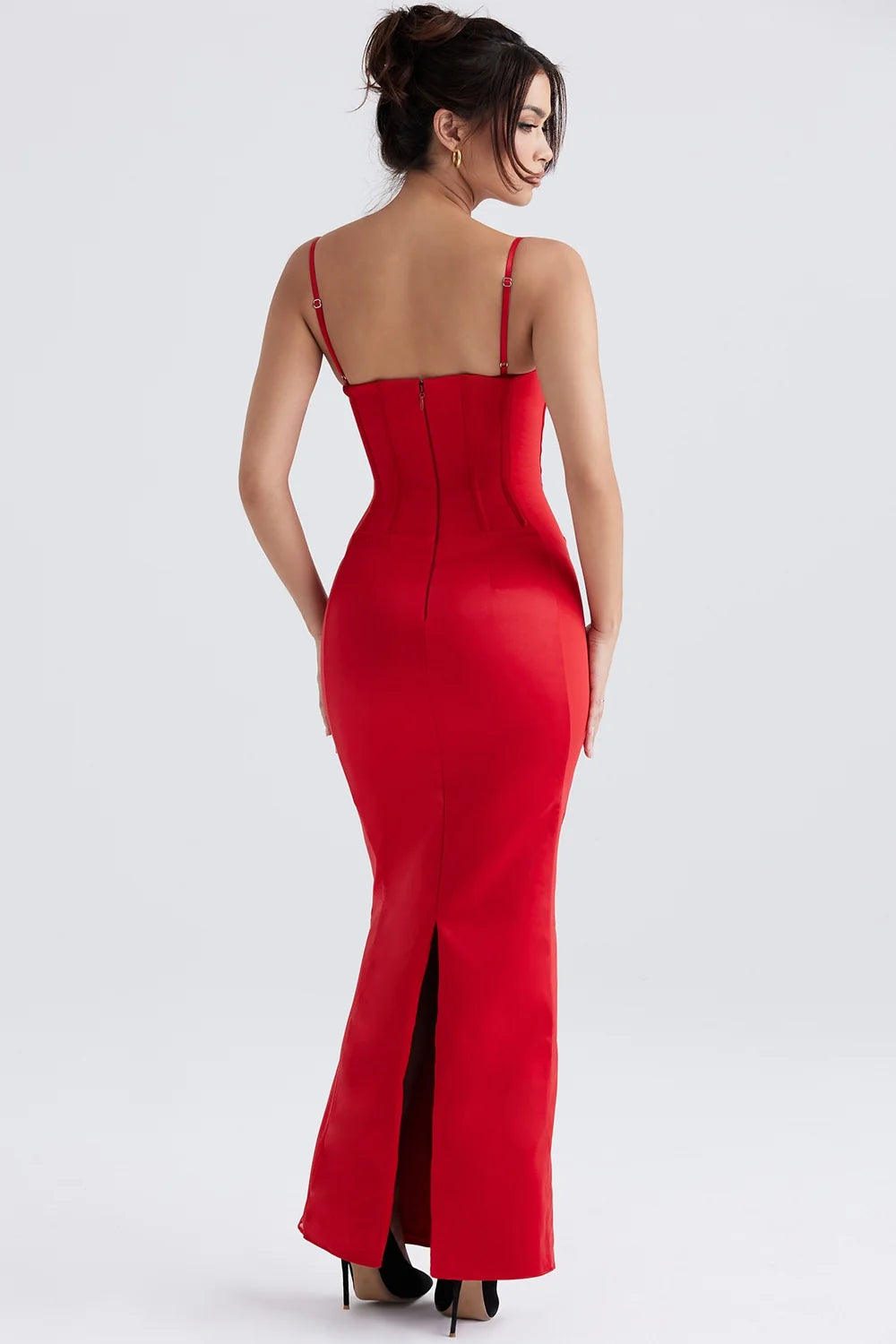 red satin corset maxi dress