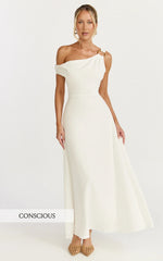Amber Midi Dress Off The Shoulder Hardware Detail A Line Dress in White