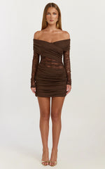 Juliet Mini Dress Off Shoulder Lace Contrast Bodycon Dress in Choc