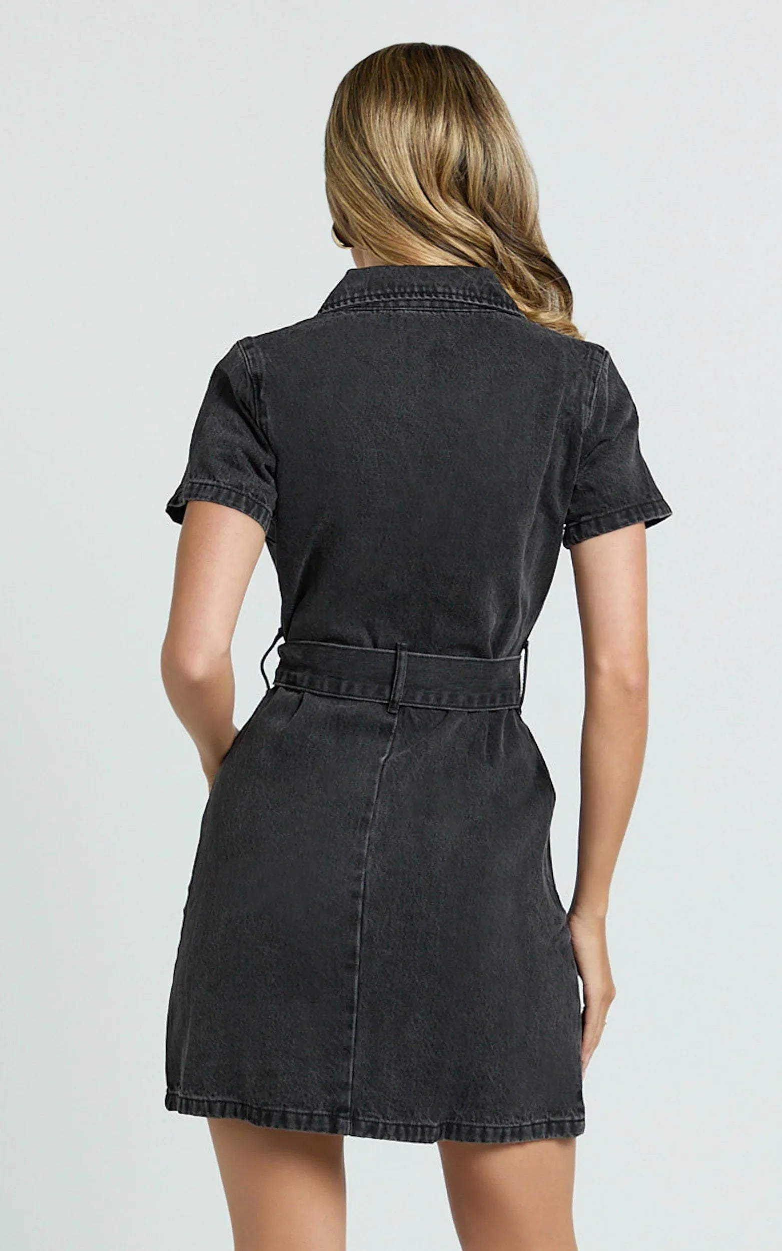 Nandini Mini Dress Hardware Zip Through Denim Dress in Black Wash