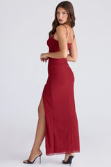 deep red stretch mesh corset maxi dress