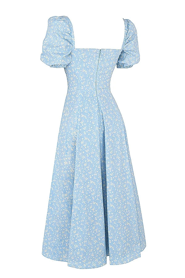 blue ivory floral puff sleeve midi dress