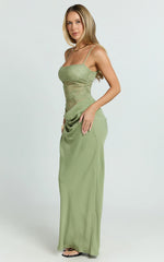 Rania Maxi Dress Contrast Lace Bodice Bias Cowl Drop Waist Dress in Sage