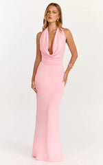 Sylvana Maxi Dress Cowl Halter Neck Bodycon Dress in Baby Pink